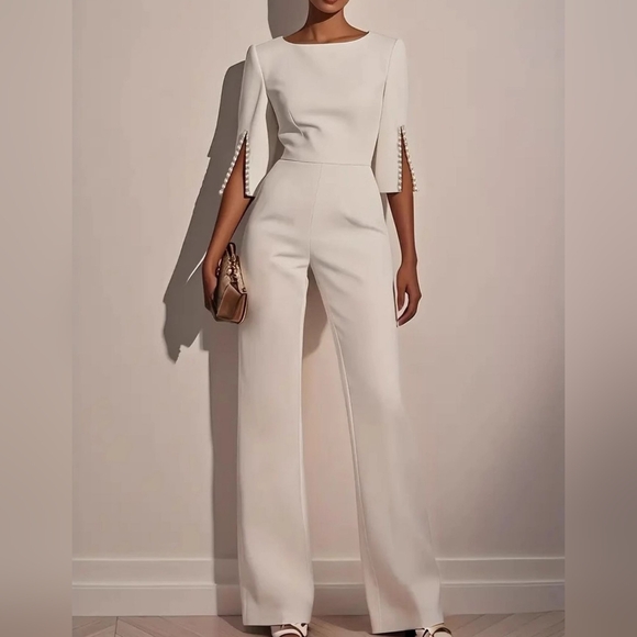 Wide-Leg Ivory Jumpsuit with Slit-Sleeve Detail - Picture 3 of 9